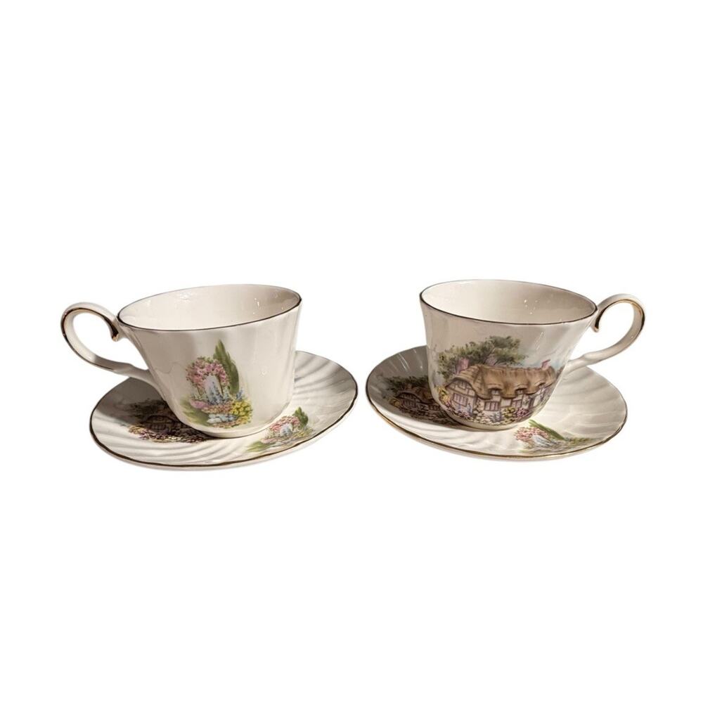 VTG 2 English Cottage Scene Tea Cup & Saucer England Bone China Victorian
